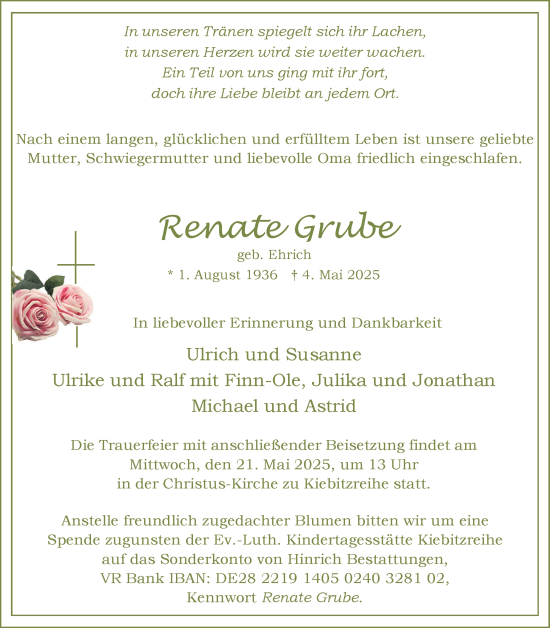 Traueranzeige von Renate Grube von Elmshorner Nachrichten, Barmstedter Zeitung