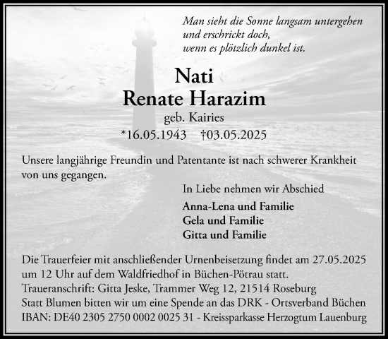 Traueranzeige von Renate Harazim von Wochenend Anzeiger