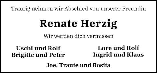 Traueranzeige von Renate Herzig von Eckernförder Zeitung, Hallo Eckernförde