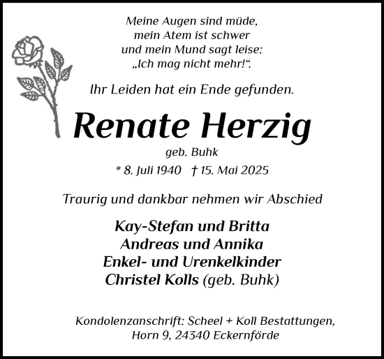 Traueranzeige von Renate Herzig von Eckernförder Zeitung, Hallo Eckernförde