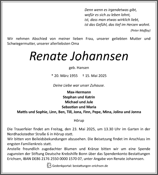 Traueranzeige von Renate Johannsen von Region Flensburg