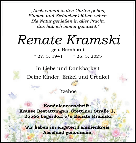 Traueranzeige von Renate Kramski von Norddeutsche Rundschau, Wilstersche Zeitung, Glückstädter Fortuna