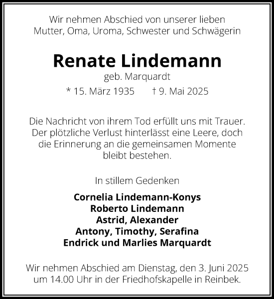 Traueranzeige von Renate Lindemann von MARKT Glinde/Reinfeld