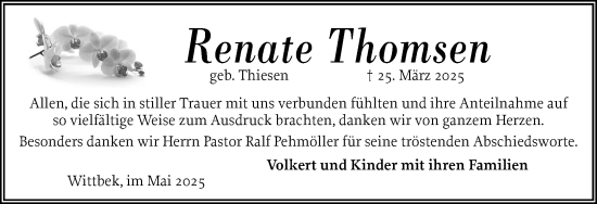 Traueranzeige von Renate Thomsen von Husumer Nachrichten, Nordfriesland Tageblatt