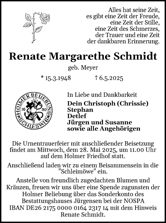 Traueranzeige von Renate Margarethe Schmidt von Schleswiger Nachrichten, Schlei-Bote