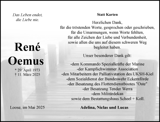 Traueranzeige von René Oemus von Eckernförder Zeitung, Hallo Eckernförde