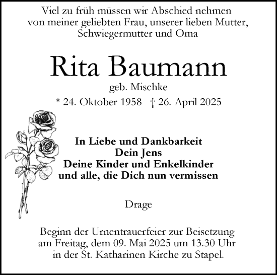 Traueranzeige von Rita Baumann von Husumer Nachrichten, Nordfriesland Tageblatt