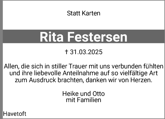Traueranzeige von Rita Festersen von Flensburger Tageblatt, Schleswiger Nachrichten, Schlei-Bote
