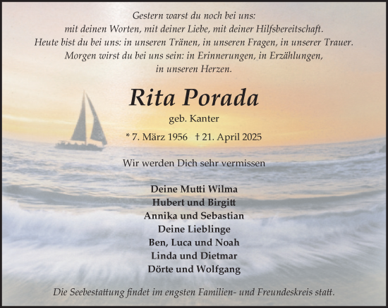 Traueranzeige von Rita Porada von MARKT Bad Oldesloe/Reinfeld und Stormarner Tageblatt
