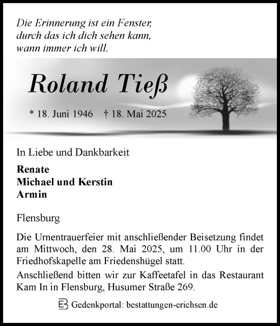 Traueranzeige von Roland Tieß von Flensburger Tageblatt