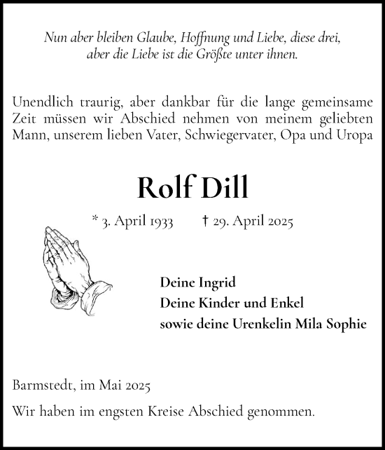 Traueranzeige von Rolf Dill von Elmshorner Nachrichten, Barmstedter Zeitung