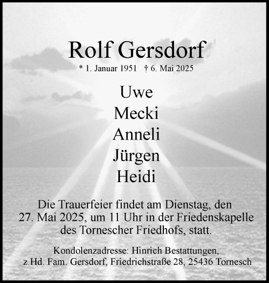 Traueranzeige von Rolf Gersdorf von Uetersener Nachrichten, Der tip am Wochenende