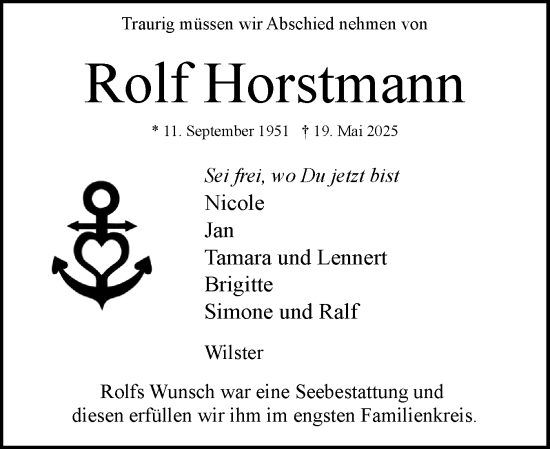 Traueranzeige von Rolf Horstmann von Norddeutsche Rundschau, Wilstersche Zeitung, Glückstädter Fortuna