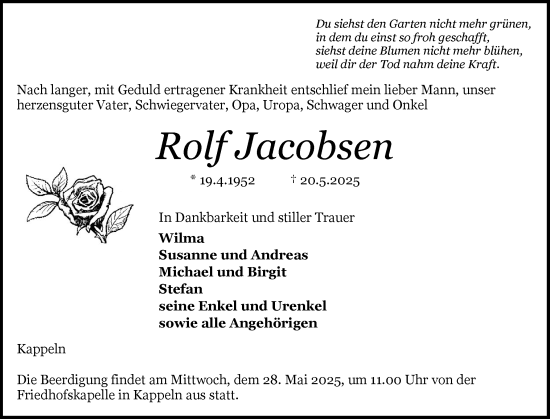 Traueranzeige von Rolf Jacobsen von Schleswiger Nachrichten, Schlei-Bote