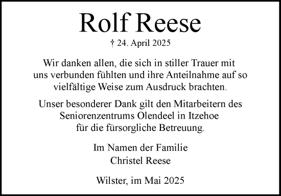 Traueranzeige von Rolf Reese von Norddeutsche Rundschau, Wilstersche Zeitung, Glückstädter Fortuna
