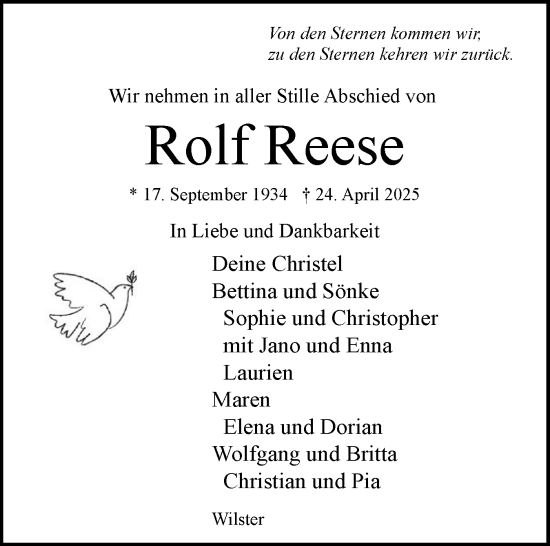 Traueranzeige von Rolf Reese von Norddeutsche Rundschau, Wilstersche Zeitung, Glückstädter Fortuna