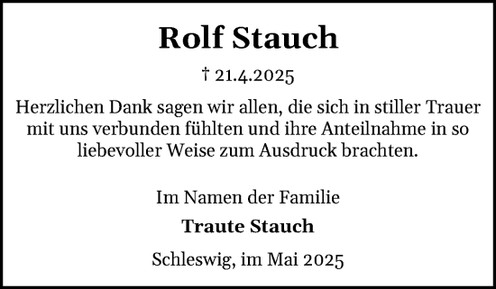 Traueranzeige von Rolf Stauch von Schleswiger Nachrichten, Schlei-Bote