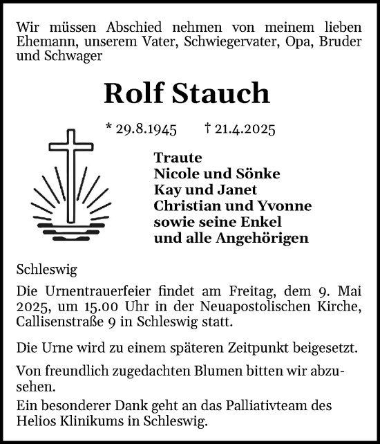 Traueranzeige von Rolf Stauch von Schleswiger Nachrichten, Schlei-Bote