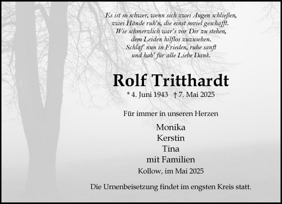 Traueranzeige von Rolf Tritthardt von Wochenend Anzeiger