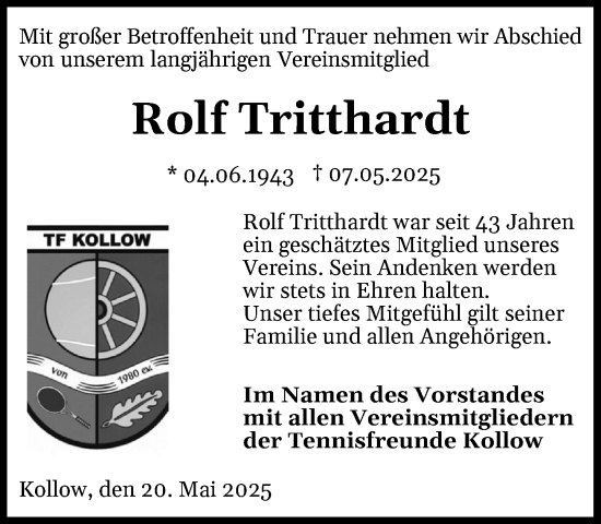 Traueranzeige von Rolf Tritthardt von Wochenend Anzeiger