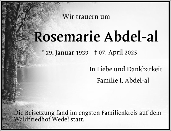 Traueranzeige von Rosemarie Abdel-al von Wedel-Schulauer Tageblatt, tip Wedel-Schulauer Tageblatt, tip Rissener Rundschau