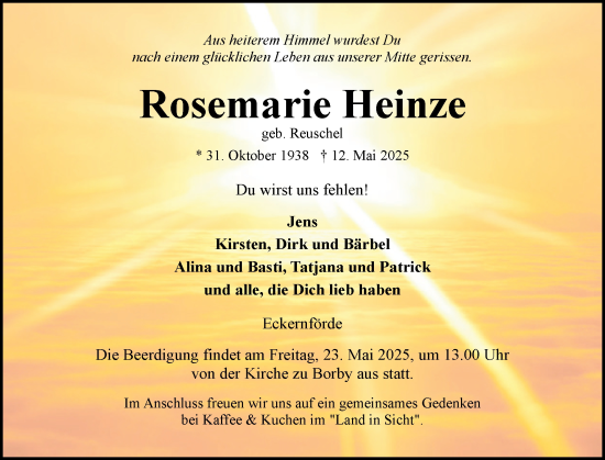 Traueranzeige von Rosemarie Heinze von Eckernförder Zeitung