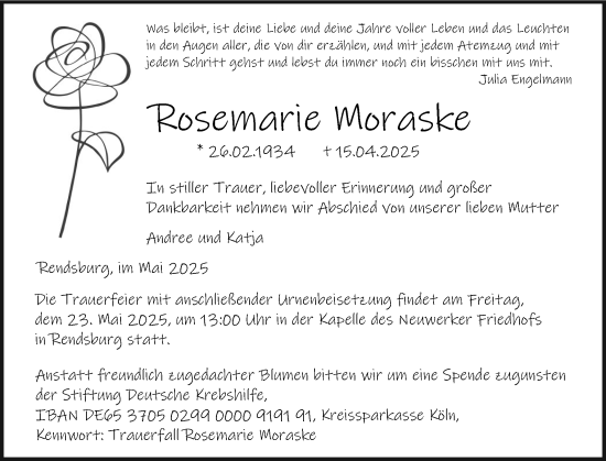 Traueranzeige von Rosemarie Moraske von Schleswig-Holsteinische Landeszeitung