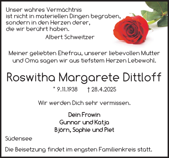 Traueranzeige von Roswitha Margarete Dittloff von Flensburger Tageblatt