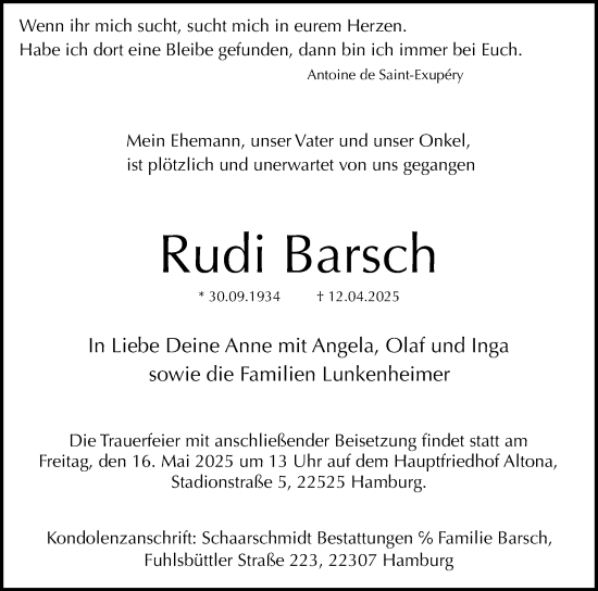 Traueranzeige von Rudi Barsch von Flensburger Tageblatt