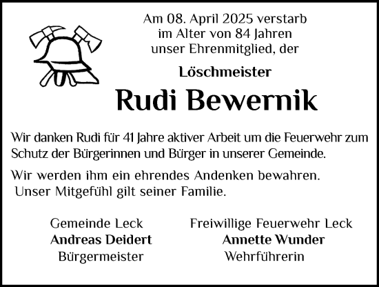 Traueranzeige von Rudi Bewernik von Husumer Nachrichten, Nordfriesland Tageblatt