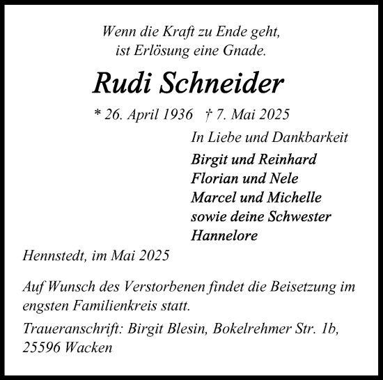 Traueranzeige von Rudi Schneider von Norddeutsche Rundschau, Wilstersche Zeitung, Glückstädter Fortuna