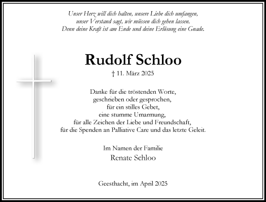 Traueranzeige von Rudolf Schloo von Wochenend Anzeiger