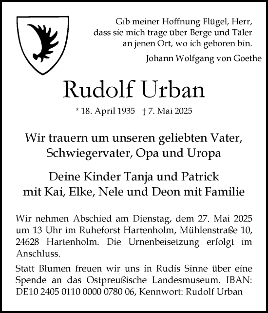 Traueranzeige von Rudolf Urban von Region Pinneberg und tip Pinneberg