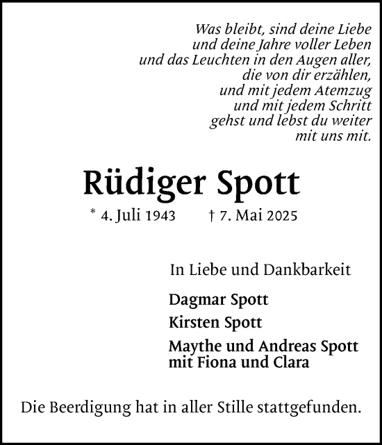 Traueranzeige von Rüdiger Spott von Region Pinneberg und tip Pinneberg
