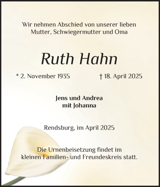 Traueranzeige von Ruth Hahn von Schleswig-Holsteinische Landeszeitung