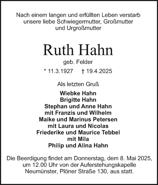Traueranzeige von Ruth Hahn von Holsteinischer Courier