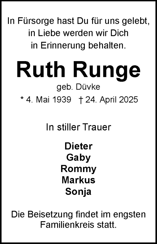 Traueranzeige von Ruth Runge von MARKT Bad Oldesloe/Reinfeld und Stormarner Tageblatt