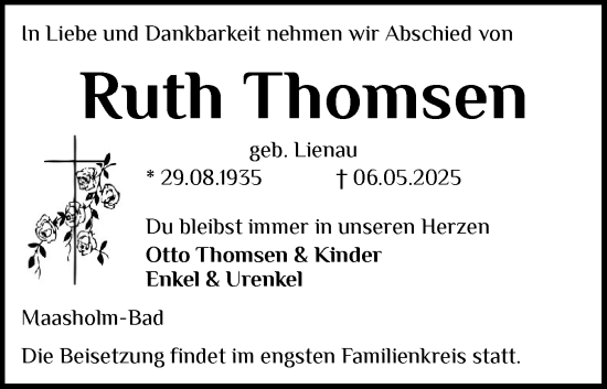 Traueranzeige von Ruth Thomsen von Schleswiger Nachrichten, Schlei-Bote