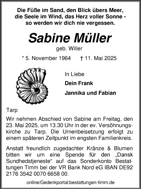 Traueranzeige von Sabine Müller von Flensburger Tageblatt
