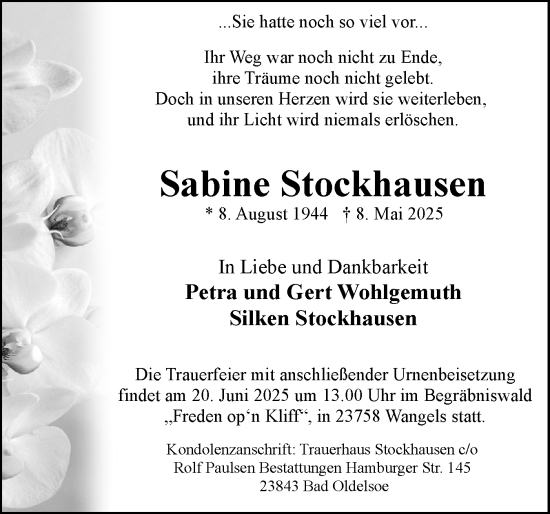 Traueranzeige von Sabine Stockhausen von Norddeutsche Rundschau, Wilstersche Zeitung, Glückstädter Fortuna