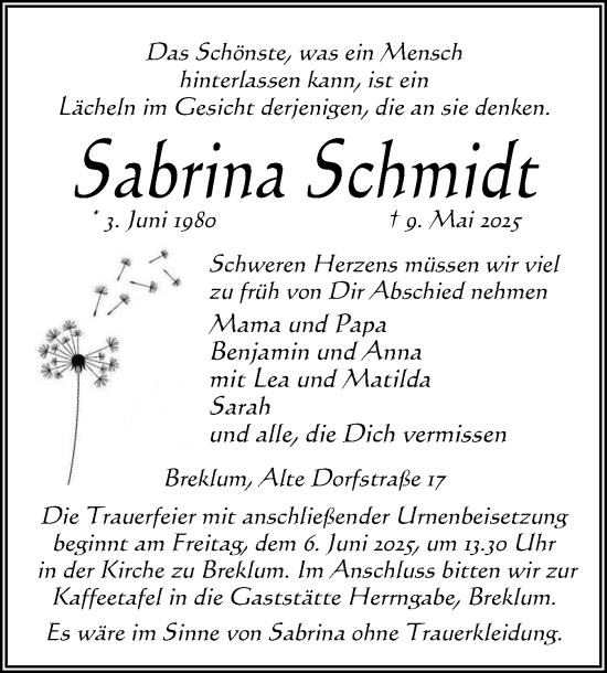 Traueranzeige von Sabrina Schmidt von Husumer Nachrichten, Nordfriesland Tageblatt
