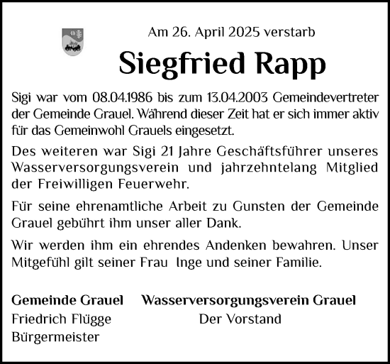Traueranzeige von Siegfried Rapp von Schleswig-Holsteinische Landeszeitung