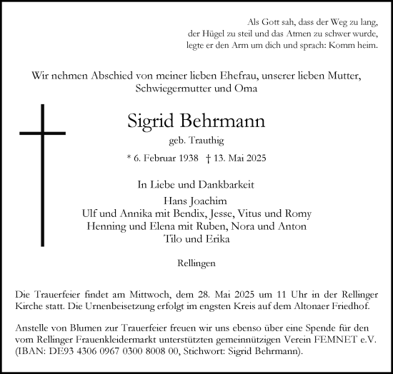 Traueranzeige von Sigrid Behrmann von Region Pinneberg und tip Pinneberg