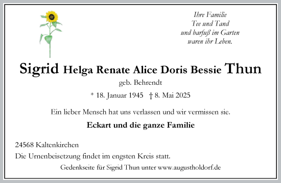 Traueranzeige von Sigrid Helga Renate Alice Doris Bessie Thun von Umschau