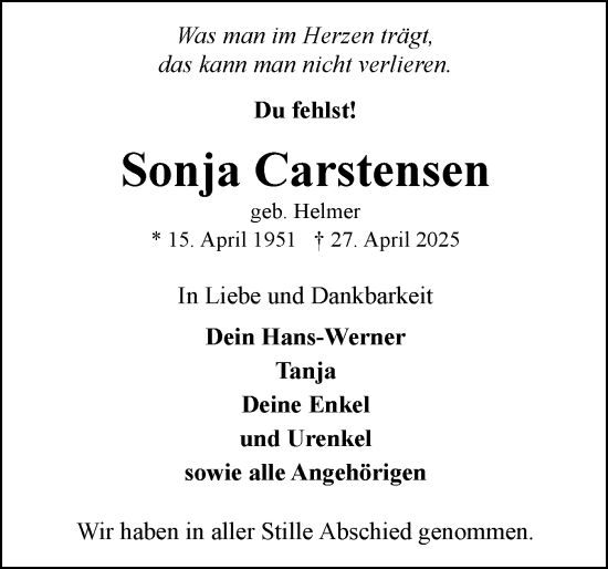 Traueranzeige von Sonja Carstensen von Flensburger Tageblatt