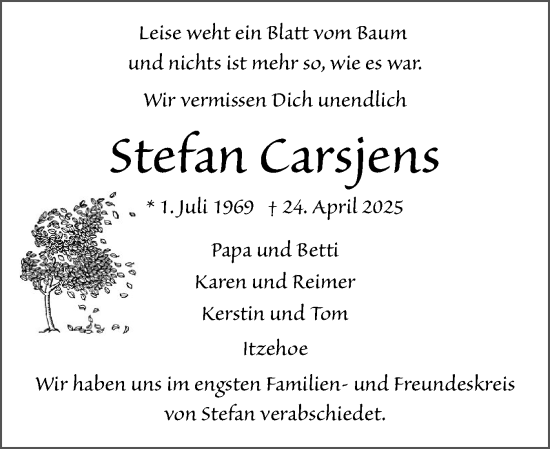 Traueranzeige von Stefan Carsjens von Norddeutsche Rundschau, Wilstersche Zeitung, Glückstädter Fortuna