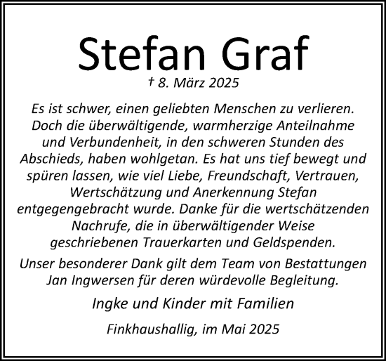 Traueranzeige von Stefan Graf von Husumer Nachrichten, Nordfriesland Tageblatt