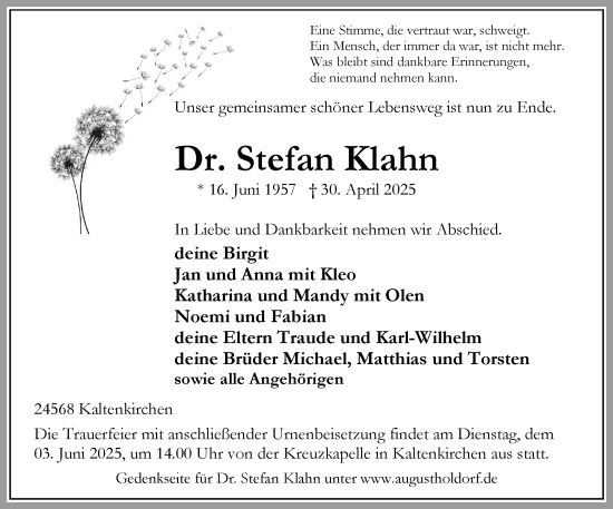 Traueranzeige von Stefan Klahn von Umschau