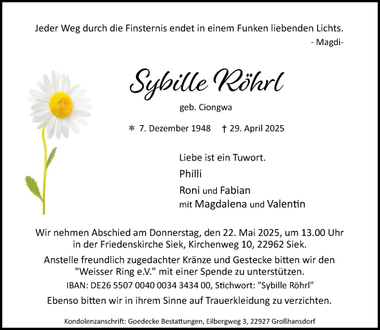 Traueranzeige von Sybille Röhrl von MARKT Ahrensburg/Bargteheide/Trittau und Stormarner Tageblatt