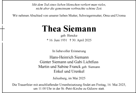 Traueranzeige von Thea Siemann von Wochenend Anzeiger